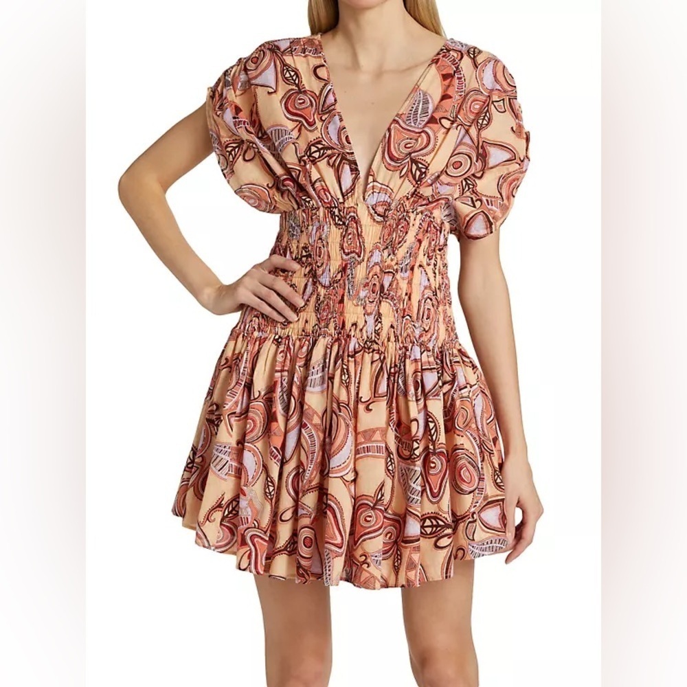 ALC Womens Luna Smocked Printed Mini‎ Dress Size 2 Puff Sleeve Boho Pleat Skirt